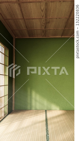 Green dark wall empty room, Modern japanese tatami mat floor, room japanese traditional style. 3D rendering 132220836