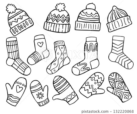 Coloring book. A collection of knitted socks, hats, and mittens. A Christmas set in doodle style. 132220868