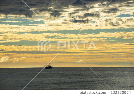 Ship in marine landscape at evening, Patagonia, Argentina. Ship in marine landscape at evening, Patagonia, Argentina. 132220994