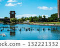 The clock tower and Starbucks at Fugan Canal Kansui Park, shining against the summer sky 132221332