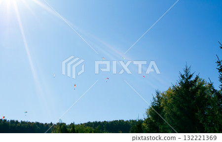 Paragliders soaring high above a blue sky and lush green trees on a sunny day 132221369