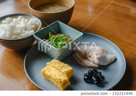 A healthy Japanese breakfast of chicken breast and tamagoyaki (rolled egg), served with natto and miso soup A healthy Japanese breakfast of chicken breast and tamagoyaki (rolled egg), served with natto and miso soup 132221446