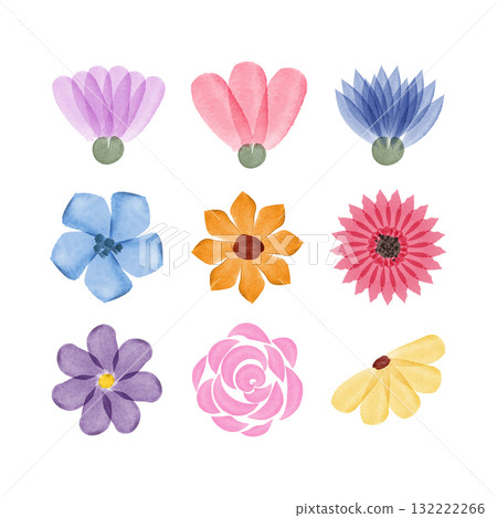 Nine unique flower designs using watercolor effects are shown in a grid on a white background. The flowers include shades of pink, purple, blue, yellow, and orange. 132222266