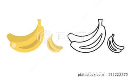 Three banana line icons showcase the fruit playful design. A vibrant yellow banana is accompanied by two outline versions, highlighting its shape, versatility, and charm. Three banana line icons showcase the fruit playful design. A vibrant yellow banana is accompanied by two outline versions, highlighting its shape, versatility, and charm. 132222275