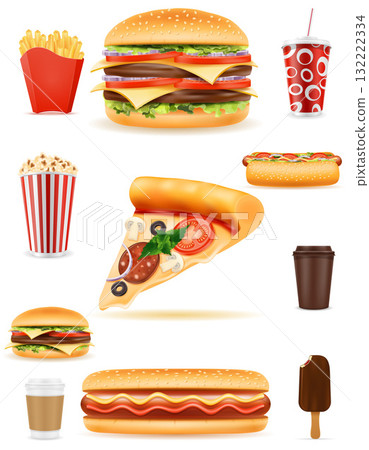fast food pizza hamburger drink french fries coffee popcorn hot dog ice cream cartoon stock vector illustration isolated 132222334
