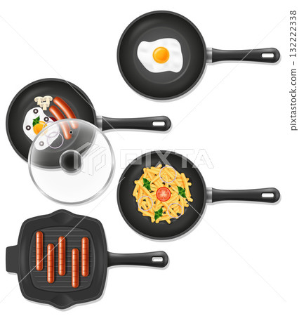 frying pan for fry food on fire cartoon stock vector illustration isolated 132222338