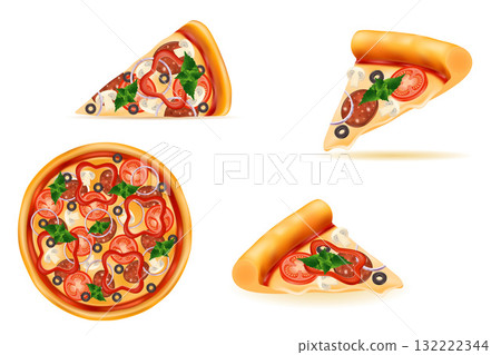pizza with cheese tomato salami olive champignon onion cartoon stock vector illustration isolated 132222344