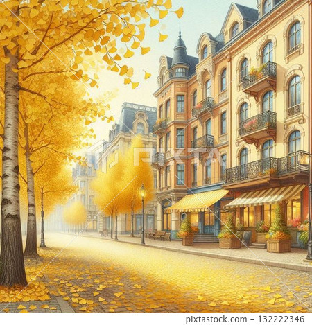 European-style streetscape and ginkgo tree-lined streets 132222346