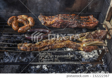Barbecue, grilled sausages and cow meat , traditional argentine cuisine 132222367