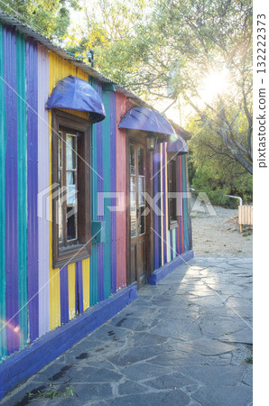 Picturesque typical construction in the town of Puerto Piramides, Peninsula Valdes, Chubut Province, Patagonia, Argentina. 132222373