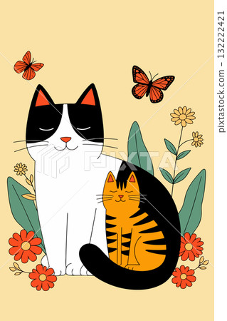 Stylized Cats and Butterflies Illustration 132222421