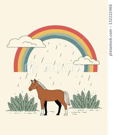 Horse in the Rain with Rainbow 132222468