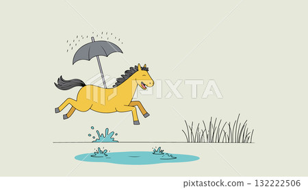 Cartoon Horse with Umbrella Jumping in Puddles Cartoon Horse with Umbrella Jumping in Puddles 132222506