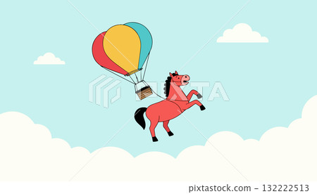 Cartoon Horse Riding a Hot Air Balloon 132222513