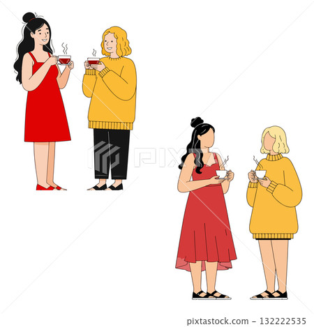 Two pairs of women drinking tea Two pairs of women drinking tea 132222535