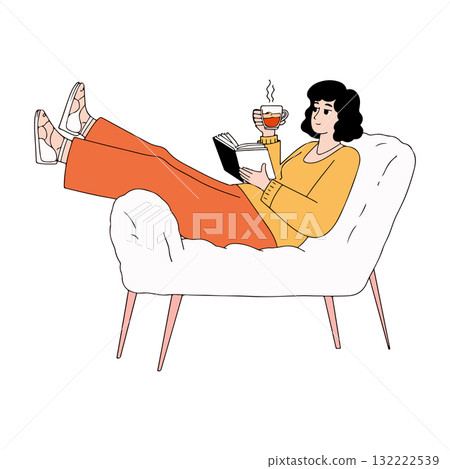 Woman Relaxing with Book and Tea Woman Relaxing with Book and Tea 132222539