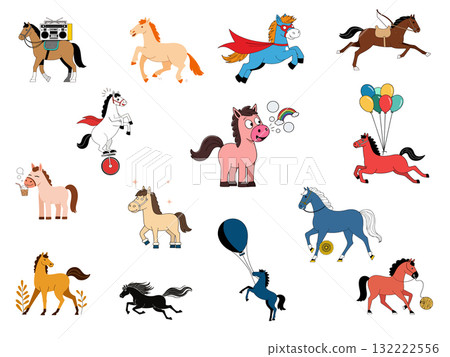 Cartoon Horses with Various Accessories 132222556