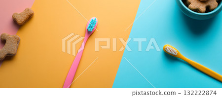 Colorful Dog Dental Care Banner with Toothbrush and Treats Colorful Dog Dental Care Banner with Toothbrush and Treats 132222874