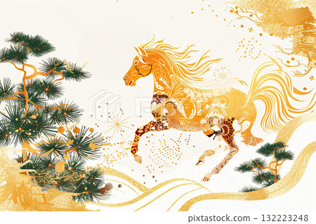 New Year's art featuring a golden pine tree and a galloping horse New Year's art featuring a golden pine tree and a galloping horse 132223248
