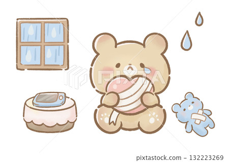 Sad bear illustration / Set of illustrations of a bear holding a bandaged heart Sad bear illustration / Set of illustrations of a bear holding a bandaged heart 132223269
