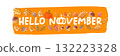 Hello November orange sticker with text, pumpkin and autumn leaves isolated on transparent background. Hello November lettering sticker png, label png, banner, quote, poster design template 132223328