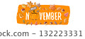 Hello November orange sticker with text, pumpkin and autumn leaves isolated on transparent background. Hello November lettering sticker png, label png, banner, quote, poster design template 132223331