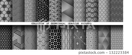Geometric set of seamless black and gray patterns. Simple vector graphics 132223384