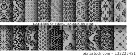 Geometric floral set of seamless patterns. Gray and black vector backgrounds. Damask graphic ornaments Geometric floral set of seamless patterns. Gray and black vector backgrounds. Damask graphic ornaments 132223451