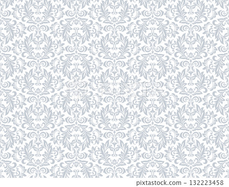 Wallpaper in the style of Baroque. White and gray floral ornament. Seamless vector background. Graphic pattern for fabric, wallpaper, packaging. Ornate Damask flower illustration Wallpaper in the style of Baroque. White and gray floral ornament. Seamless vector background. Graphic pattern for fabric, wallpaper, packaging. Ornate Damask flower illustration 132223458