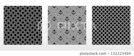 Geometric floral set of seamless patterns. Gray and black vector backgrounds. Damask graphic ornaments Geometric floral set of seamless patterns. Gray and black vector backgrounds. Damask graphic ornaments 132223484