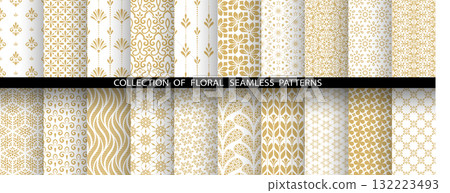 Geometric floral set of seamless patterns. White and golden vector backgrounds. Damask graphic ornaments Geometric floral set of seamless patterns. White and golden vector backgrounds. Damask graphic ornaments 132223493