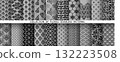 Geometric floral set of seamless patterns. Gray and black vector backgrounds. Damask graphic ornaments 132223508