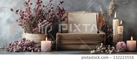 Vintage wooden box with dried flowers on textured surface. 132223558