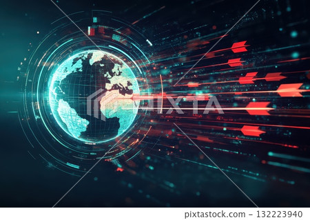 A computer generated image of a planet with arrows shooting out from it 132223940