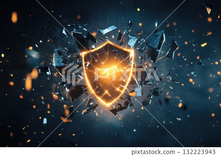 A shattered shield with a glowing light inside 132223943