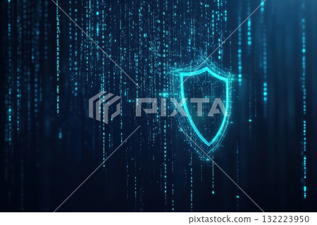 A blue and green shield with a glowing symbol on it 132223950