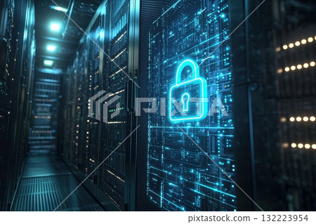 A computer server room with a blue lock on a screen 132223954