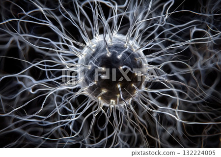 Abstract Representation of Microscopic Cell with Intricate Filamentous Structures and Dark Background Abstract Representation of Microscopic Cell with Intricate Filamentous Structures and Dark Background 132224005