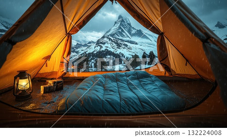 Cozy Camping Scene Inside Tent With Mountain View and Lantern Lighting at Dusk Cozy Camping Scene Inside Tent With Mountain View and Lantern Lighting at Dusk 132224008