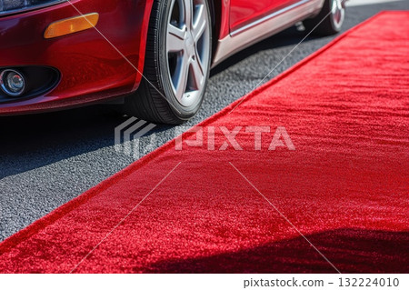 Luxury Car on Red Carpet Close-Up Showing Elegance and Glamour in Event Setting Luxury Car on Red Carpet Close-Up Showing Elegance and Glamour in Event Setting 132224010