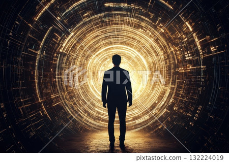 Silhouette of a Person Standing in Front of a Bright Spiraling Light Pattern in Dark Environment Silhouette of a Person Standing in Front of a Bright Spiraling Light Pattern in Dark Environment 132224019