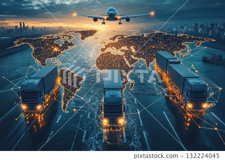 A plane is flying over a map of the world with three trucks on the ground A plane is flying over a map of the world with three trucks on the ground 132224045
