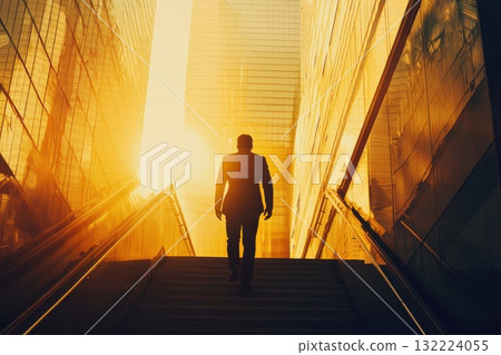 A man walks up a set of stairs in a city 132224055