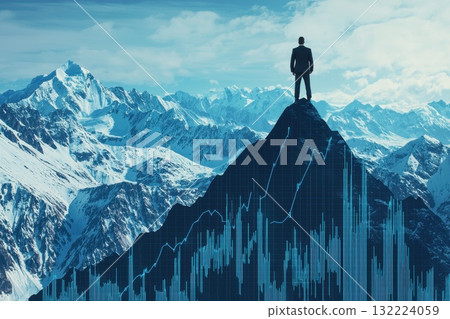 A man stands on a mountain top, looking out over a snowy landscape 132224059
