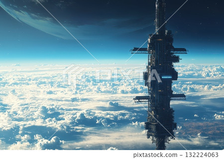 A large space station is floating in the sky above a cloudy planet 132224063