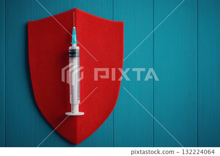 A syringe is stuck in a red shield 132224064