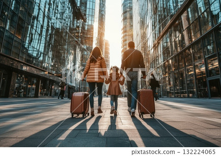 A family of four is walking down a city street with their luggage 132224065