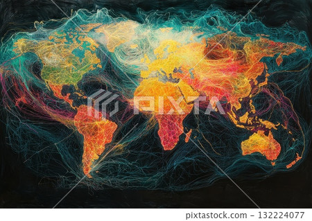 A colorful world map with a blue background 132224077