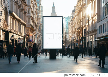 Empty Advertising Billboard on Busy Street with People Walking in Urban Cityscape Empty Advertising Billboard on Busy Street with People Walking in Urban Cityscape 132224118