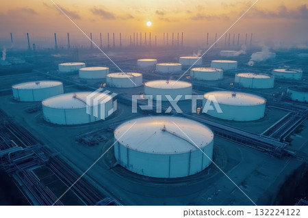 Aerial View of Industrial Oil Storage Tanks at Sunset with Smokestacks in Background Aerial View of Industrial Oil Storage Tanks at Sunset with Smokestacks in Background 132224122